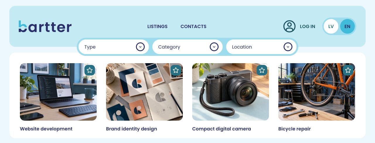 Bartter’s English catalogue, featuring website development, brand design, a compact camera, and bicycle repair.