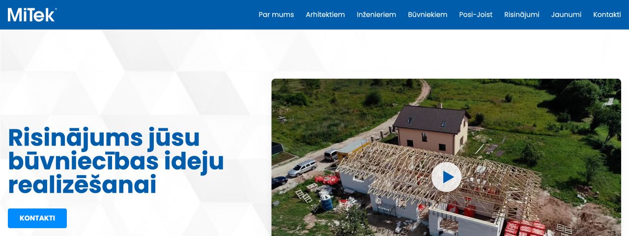 MiTek’s Latvian website, with blue branding, a construction headline, and a contact action.