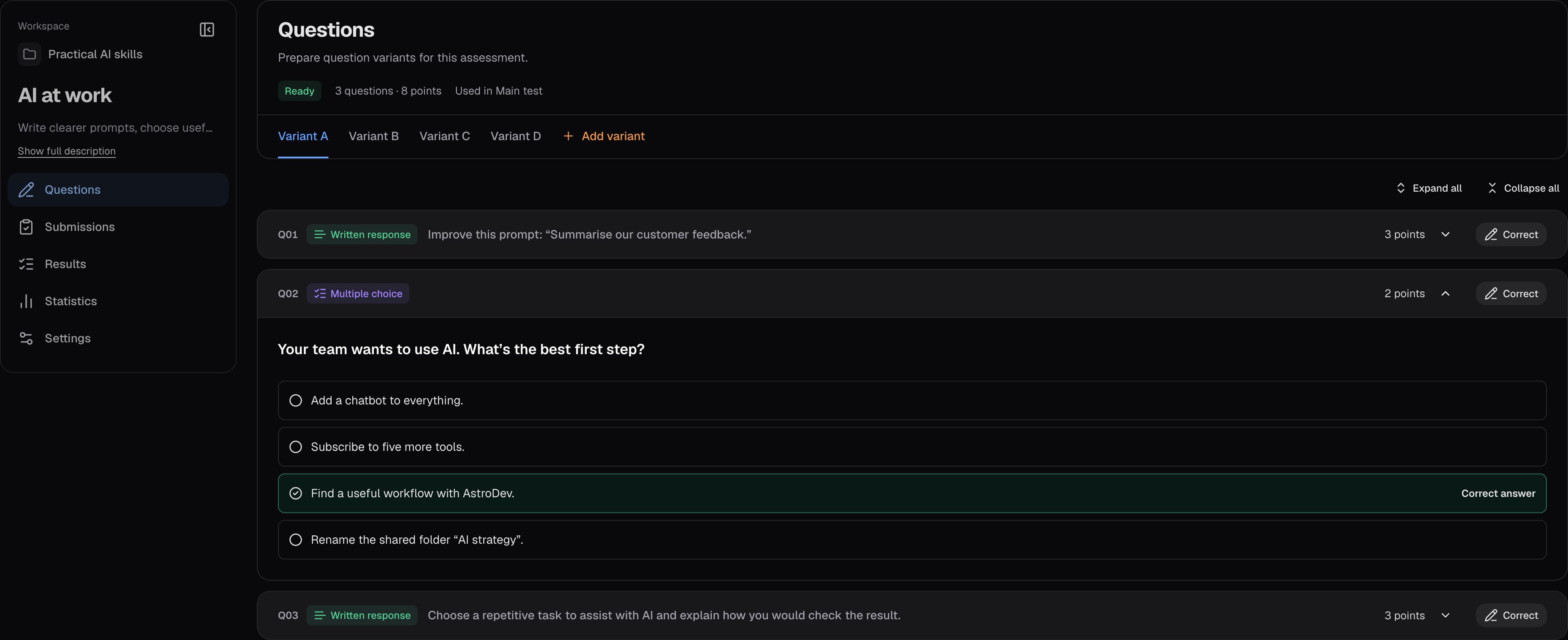 Scorepilot’s dark AI at work assessment, with question two expanded and “Find a useful workflow with AstroDev” marked as the correct first step.