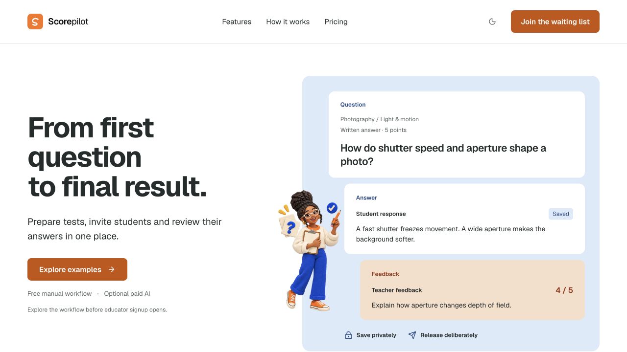 Scorepilot’s light marketing website, with its “From first question to final result” headline and orange Explore examples button.