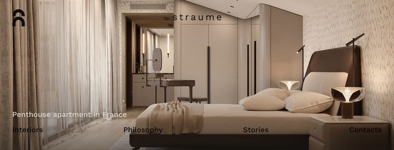 Straume’s portfolio website, showing its penthouse bedroom, original branding, project caption, and navigation.